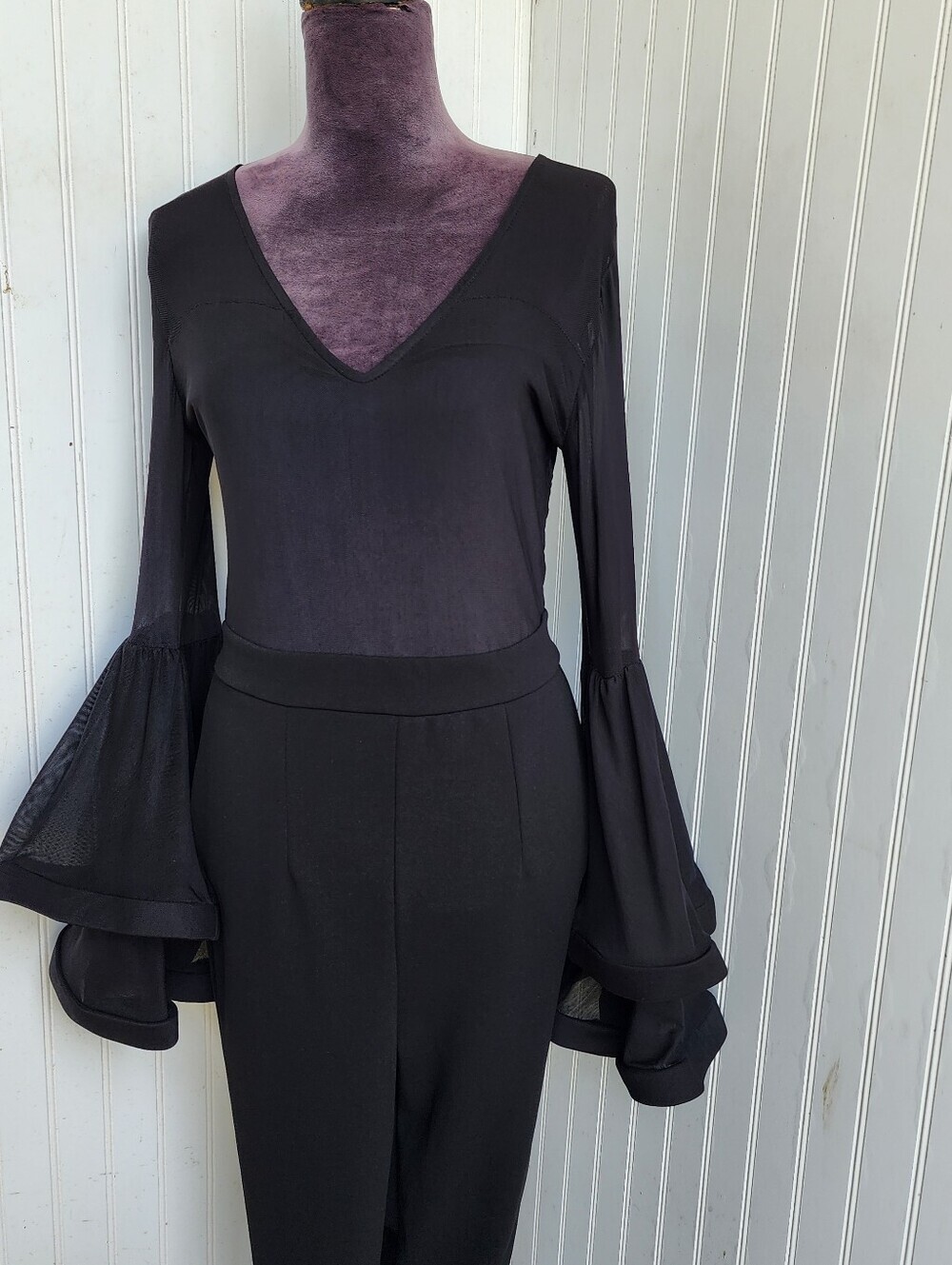 Venus Jumpsuit Skinny Leg Womens Black Mesh Top Layered Flared Wired Sleeves M - Picture 6 of 16